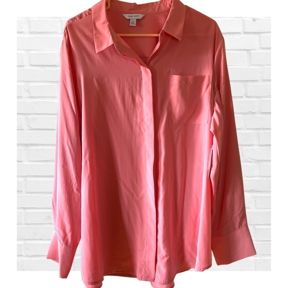 Nine West Pink Button Down Satin Blouse Women’s XXL Rachel Green Career Dressy